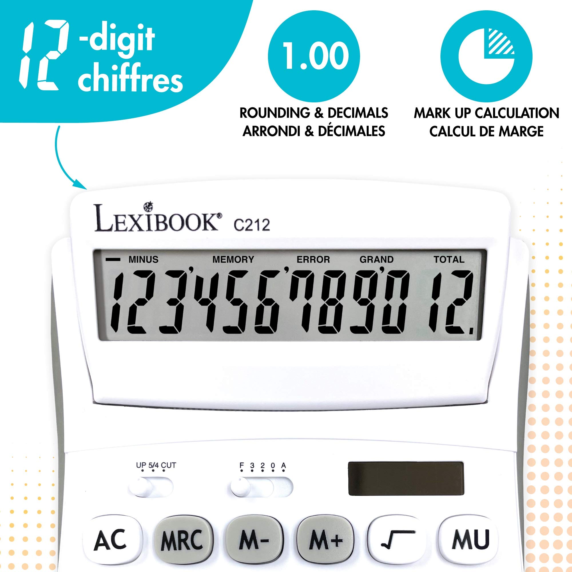 Lexibook - 12 Digit Desktop Calculator with Folding Display - Basic and Memory Function - Large Keys and Screen for Office, School, Home - Solar & Batteries - White/Gray - C212