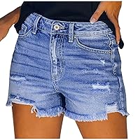 Summer Denim Shorts for Women Mid Rise Ripped Jean Shorts Distressed Stretchy Shorts Casual Frayed Raw Hem Jeans