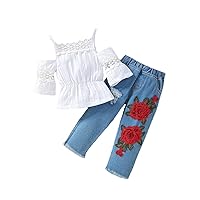Toddler Spring Girls Lace Solid Color Top Elastic Embroidered Ripped Jeans Sundress Of Baby Items Twin