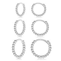 Silver Hoop Earrings for Women| 3 Pairs Small Sterling Silver Post Beaded Huggie Earrings| Hypoallergenic Tiny Cartilage Sleeper Cuff Jewelry for Men Ladies Girls, 8mm 10mm 12mm