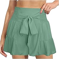 Women Bowknot High Waist Shorts Summer Flowy Ruffle Hem Shorts Casual Shorts Smocked Elastic Waisted Athletic Shorts