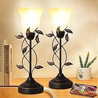 Bedside Lamps for Bedrooms Set of 2 Table lamps 3 Way Dimmable Nightstand Lamp for Living Room USB Charging Ports for Bedroom Lamps Touch Lamp Glass Shade Retro Leaf Body Small Lamp for Bedroom