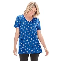 Woman Within Women's Plus Size Perfect Printed Short-Sleeve V-Neck Tee