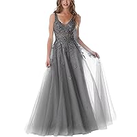 Lace Appliques Prom Dresses Long A-Line V Neck Glitter Tulle Formal Dress for Women