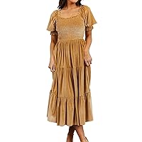 Womens Fall Winter Velvet Dress Puff Sleeve Square Neck Smocked Tiered Ruffle A-Line Flowy Midi Dress 2023