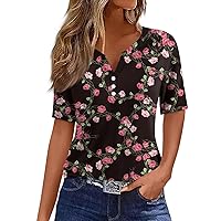 Women's T-Shirts Dressy Button Down Tunic Short Sleeve Floral Print Blouses Henley V Neck Summer Cute Clothes