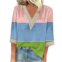 Women 3/4 Sleeve Tops Lace Trim V Neck Crochet Tops Color Block Summer Tops Elbow Sleeve Hawaiian Shirts Blouses
