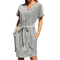 Summer Dresses for Women 2024 Casual Midi,Women Summer Short Sleeve Dress Striped T Shirt Dresses Casual O Neck