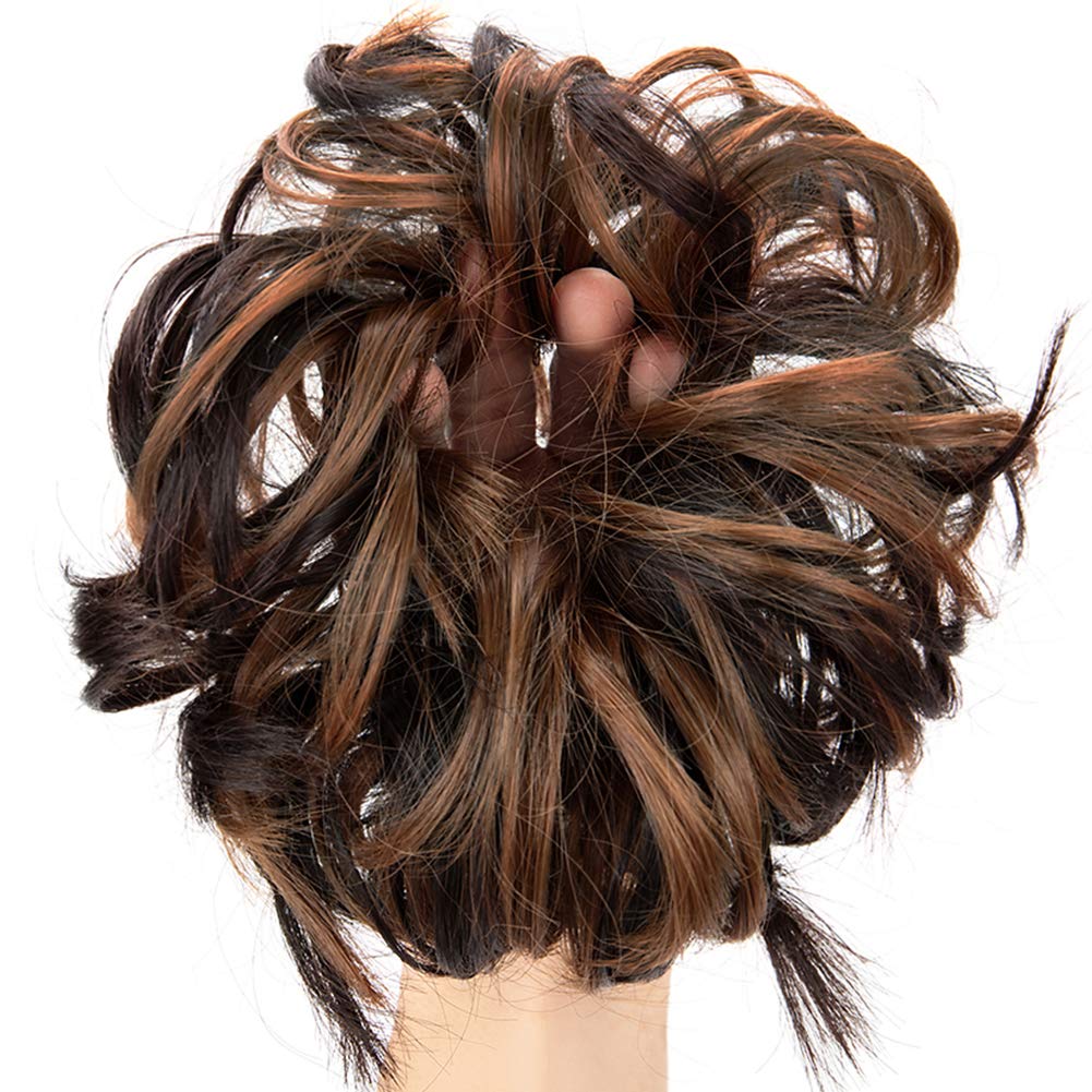 Lelinta Hair Bun Extensions Wavy Curly Messy Donut Chignons Hair Piece Wig Hairpiece Dark Brown Mix Light Auburn