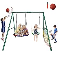 CYFIE Swing Set, Outdoor Playset for Kids with Saucer Swing, Belt Swing, Heavy Duty Metal Frame Swing Stand, Basketball Hoop and Soccer Goal, Swing Sets for Backyard, Playground, Park