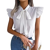 Rooscier Women's Bow Tie Neck Ruffle Cap Sleeve Elegant Office Blouse Shirt Tops