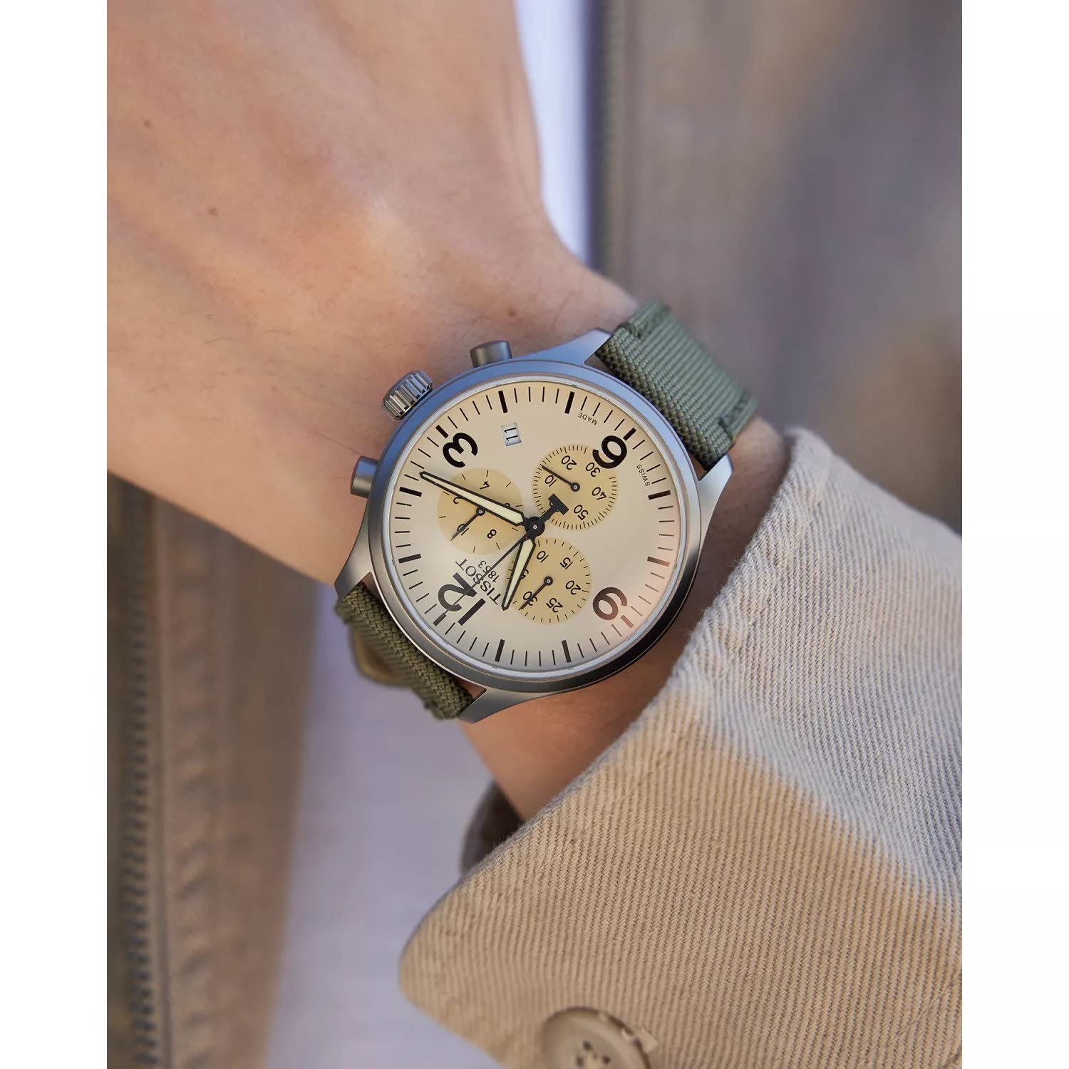 Tissot Mens Chrono XL 316L Stainless Steel case with Khaki PVD Coating Swiss Quartz Watch, Beige, Fabric, 22 (T1166173726701)
