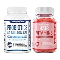 Purely Optimal Premium Probiotics 60 Billion CFU with Organic Prebiotics & Digestive Enzymes + Premium Hair Vitamins Supplement