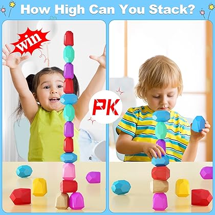 IGIVI Montessori Toddler Toys for 1 2 3 Year Old Boys Girls, 42 PCS Wooden Sorting Stacking Rocks, Preschool Learning Educational Building Blocks Toys for Ages 2-4, Christmas Birthday Gifts for Kids