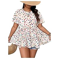 SOLY HUX Women's Plus Size Polka Dots Short Sleeve Peplum Blouse Ruffle Hem Casual Shirt Tops