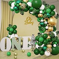 Jungle Party Balloons Garland Arch, Green Gold Balloon Arch Kit Dinosaur Party Decorations with Palm Leaves for Animal Wild One Birthday Party Baby Shower Supplies