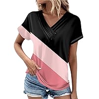 Going Out Tops for Women Fashion Retro Printed T-Shirts Pleated Button Shirt Short Sleeve V-Neck Tops Basic Comfortable