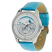Blue Waves Watch Unisex Wrist Watch, Quartz Analog Watch with Leather Band