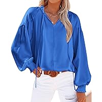 BTFBM Women Casual Satin Blouse Shirts Tie V Neck Long Lantern Sleeve Loose Lightweight Fashion 2023 Summer Spring Tops