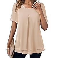 Gaharu Women's Ruffle Short Sleeve Blouses Double-Layered Shirt Work Tunic Tops