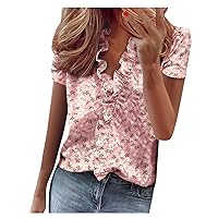 Graphic Tees for Women Summer Ruffle V-Neck Short Sleeve Solid Print Casual Dressy T-Shirt Top White Shirts for Women