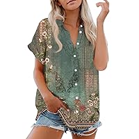 Summer Tops Womens Short Sleeve Tops Casual Cotton Blouses for Women Androgynous Clothing Womens Casual Toos Linen Dresses Button Down Blouses for Women Women Shirts Cotton Green XXL