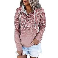 Womens Hoodies Vintage Graphic Hoodie For Women Casual Button Down Long Sleeve Sweatshirts Top With Kangaroo Pocket