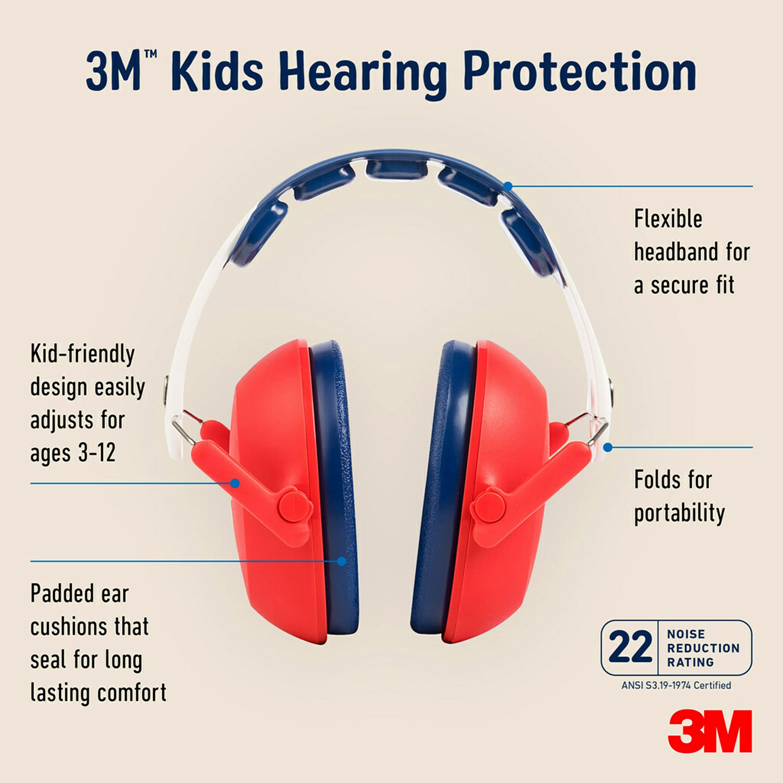 3M Kids Hearing Protection, Kids Ear Protection with Adjustable Headband, 22dB Noise Reduction Rating, Red