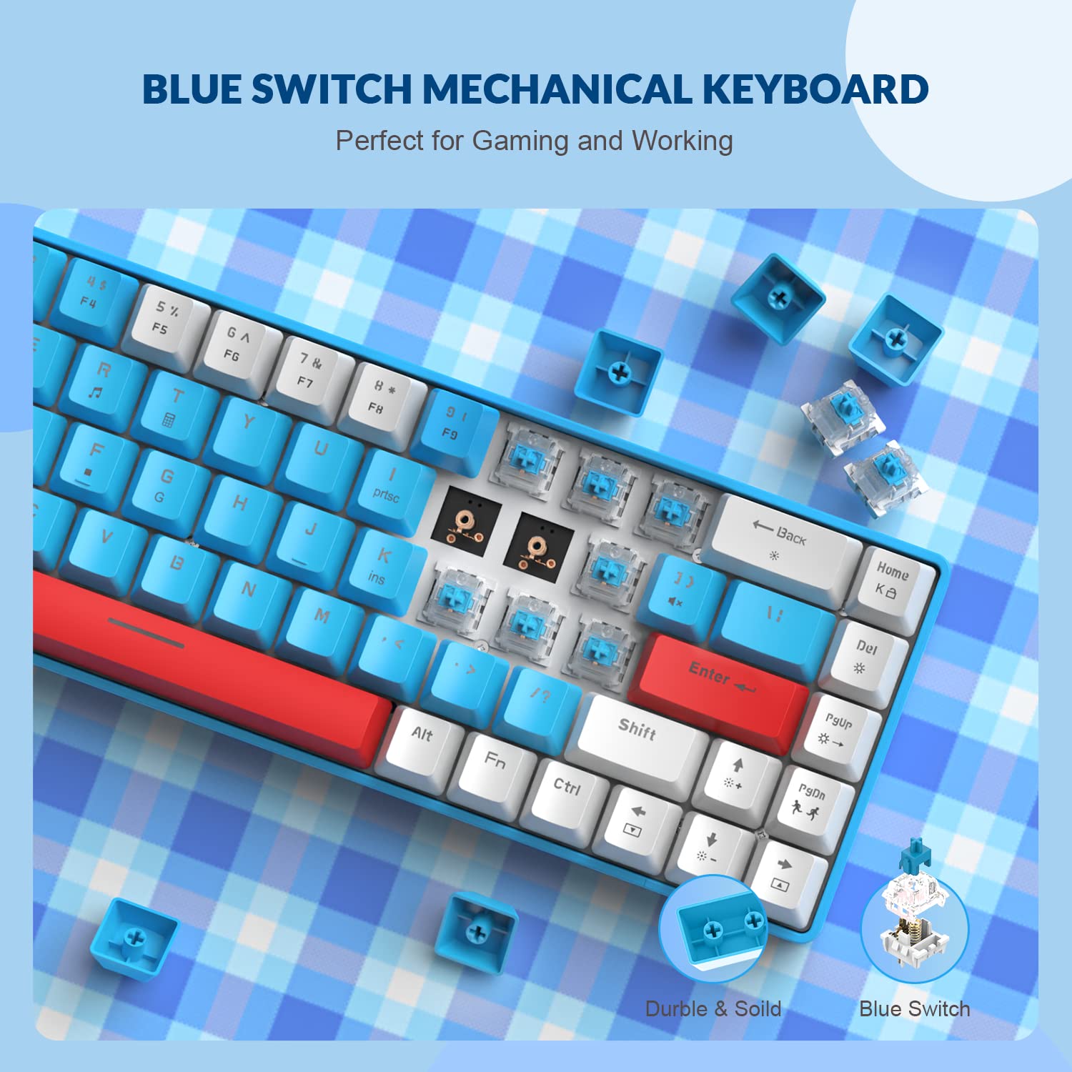 ZIYOU LANG RK-T8 Wired 65% Mechanical Gaming Keyboard with RGB LED Backlit Anti-ghosting TKL Mini 68 Key Custom Coiled C to A Cable Tactile Blue Switch for PS4 PS5 Xbox PC Mac Gamer(White/Blue/Red)