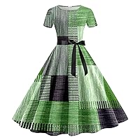 XJYIOEWT Beach Dresses for Women,Women Print Round Neck Short Sleeve 1950s Evening Party Prom Dress Women Maxi Dresses w