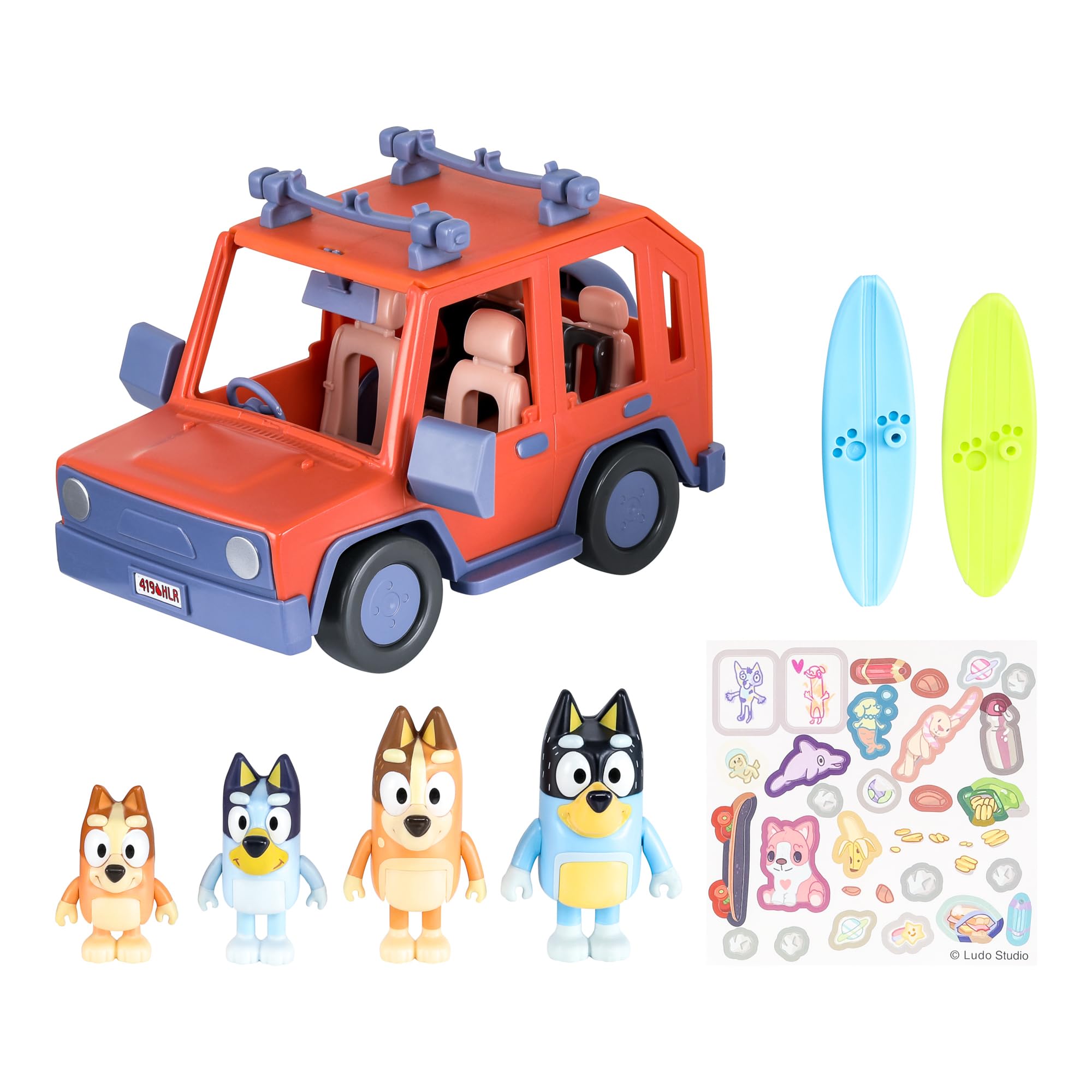 Bluey Heeler Family 4WD Vehicle and 4 Figure Pack, 2.5-3 Inch Figures, 2 Surfboards Accessories and Stickers | Amazon Exclusive