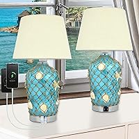 Coastal Table Lamp Set of 2 - Nautical Beach Bedroom Decor with 2 USB Ports - Sea Theme Blue Glass Lamps for Living Room with White Shade - Ocean Themed Furniture for Bedrooms Bedside