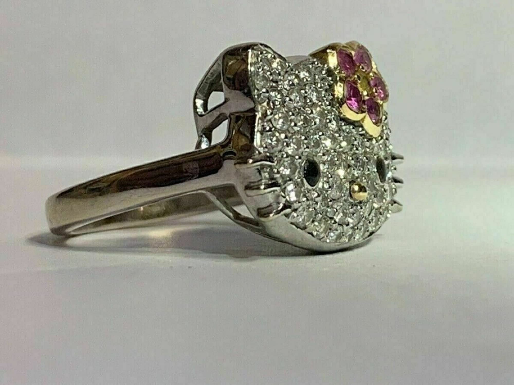 Dazzle Rainbow Jewelry Hello Kitty Diamond Ring /2CT Round Cut Fully Iced Diamond Solid 925 Sterling Silver/Art Deco Ring/Women's Gift Cute Kitty Ring