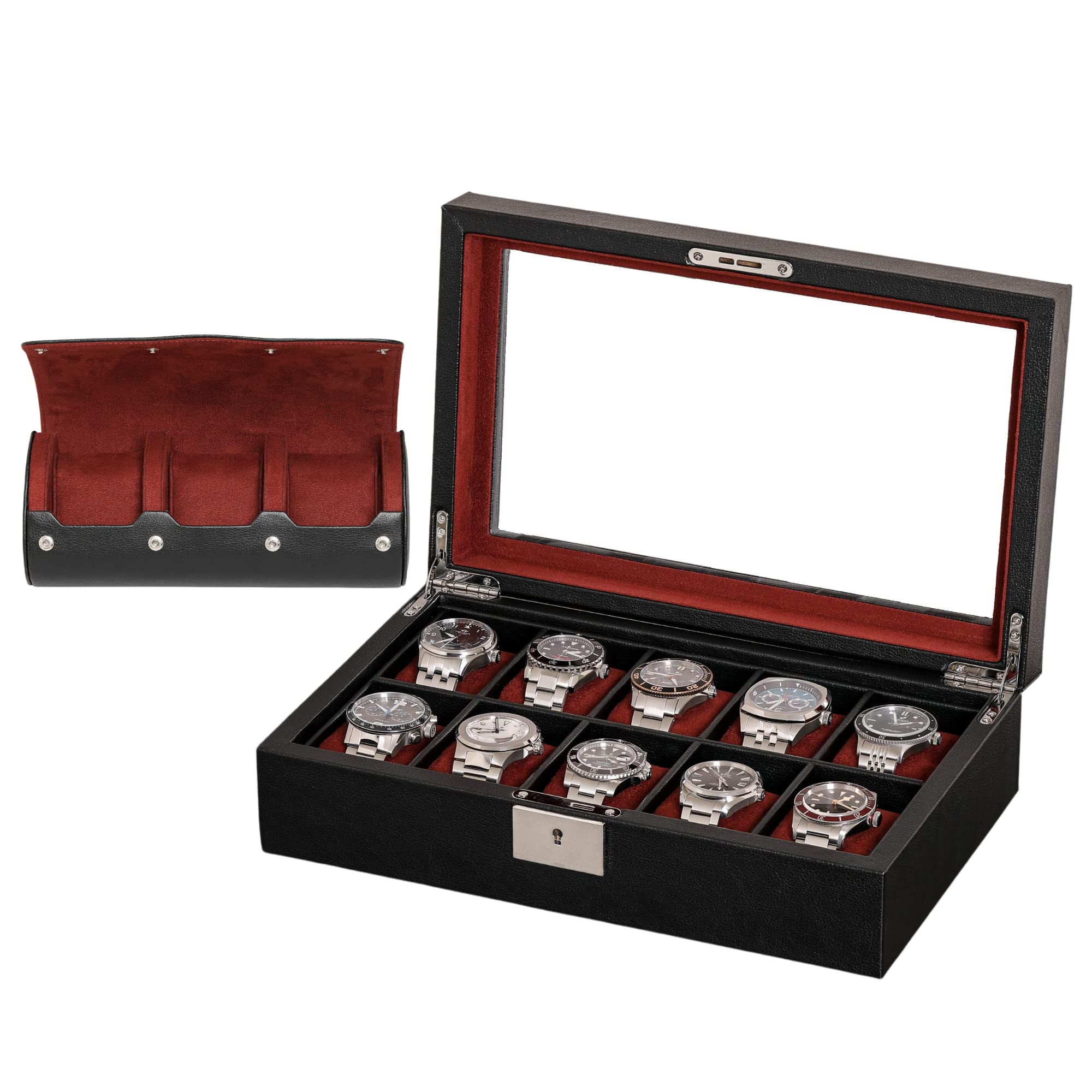 10 Slot Leather Watch Box with Matching 3 Slot Watch Roll - Luxury Watch Case Display Organizer Microsuede Liner, Locking Mens Jewelry Watches Holder, Men's Storage Boxes Holder Glass Top Black/Red