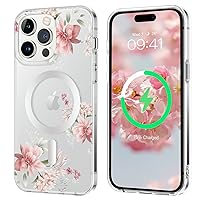 YINLAI Case for iPhone 14 Pro Max 6.7-Inch, Magnetic [Compatible with MagSafe] Clear Transparent Pink Flower Floral Pattern Women Girls Slim Soft Cute Shockproof Protective Phone Cover, Clear