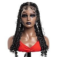 Knotless Box Braids Wigs, Hand-Braided Synthetic Lace Front Box Braided Wigs with Baby Hair for Women, Lace Frontal Wigs for Women Cornrow Long Braids Wigs, 18 Inch #1B