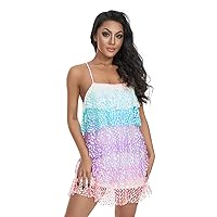 Women's Sequin Glitter Party Mini Dress Spaghetti Strap Layer Dress Sexy Shiny Sleeveless Clubwear Dresses
