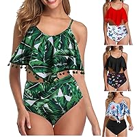 Tankini Bathing Suits for Women, Sexy Tassel Scoop Neck Spaghetti Swimsuit High Waist Tummy Control Bikini Beachwear