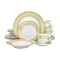 Euro Porcelain 20-pc Dinnerware Set w/ Gold Greek Key Pattern 24K Ornament, HQ Dining Service for 4