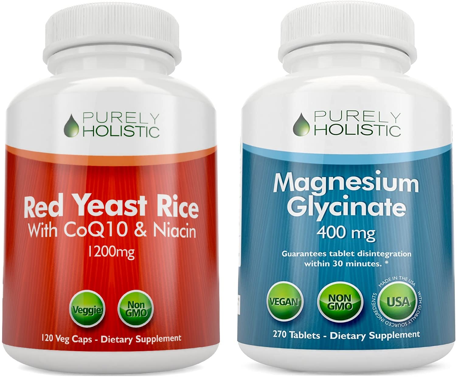 Purely Holistic Red Yeast Rice 1200mg with CoQ10 & Niacin + Magnesium Glycinate 400mg - 120 Capsules + 270 Tablets - Made in USA