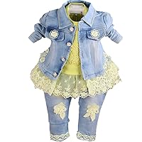 Peacolate Baby Girls Clothing Set 3pcs Long Sleeve Lace T shirt Denim Jacket and Jeans(Yellow,2-3Years)