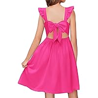 Arshiner Girls Summer Dresses Square Neck Ruffle Sleeve Tie Back A-Line Swing Casual Midi Dress with Pockets