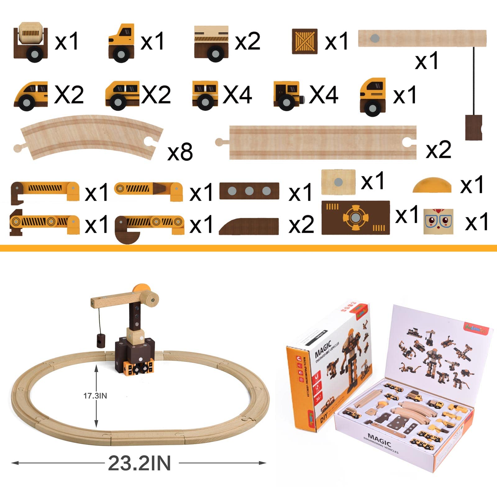FUN LITTLE TOYS 40pcs WoodenTrain Set, Wooden Train and Tracks, Magnet Train Track & STEM Construction Sets