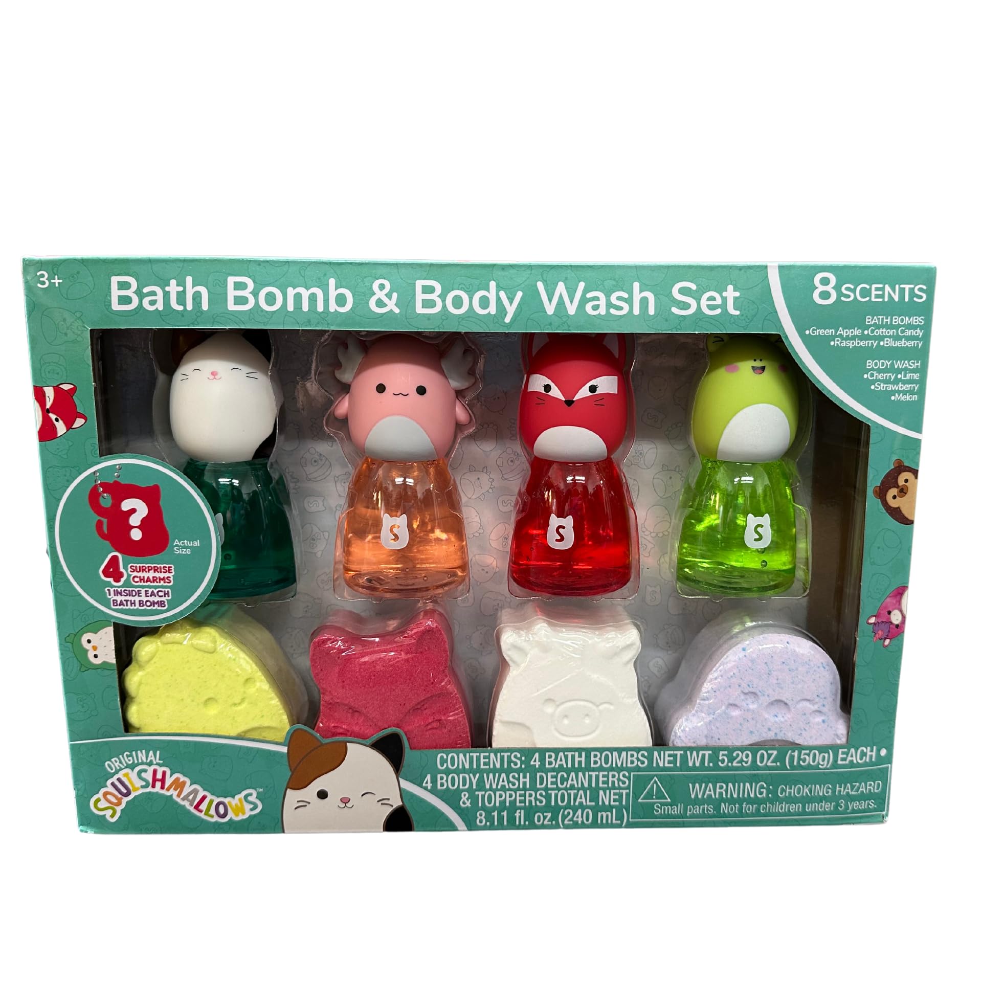 Original Squishmallows Bath Bomb & Body Wash Set, 8-Piece Set with 4 Scented Body Wash & 4 Bath Bombs, 4 Surprise Charms in Each Bath Bomb! Make Bath Time Fun! Ages 3+
