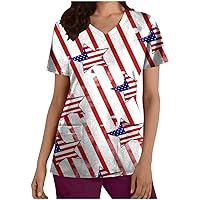 Firzero 4th of July Scrub Tops for Women V Neck American Flag Print Working Uniforms Independence Day Patriotic Holiday Shirt