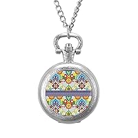 Mexican Talavera Pattern Pocket Watch with Chain Vintage Pocket Watches Pendant Necklace Birthday Xmas