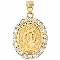 10k or 14k Yellow Gold Finish Round Cut Diamond Unisex Oval Halo CZ Initial Letter F Pendant