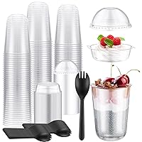 Gejoy 100 Set 16 oz Parfait Cups with Lids Plastic Parfait Cup Yogurt Parfait Cup with Lids Dome Lid No Hole Insert and Spork Plastic Parfait Dessert Disposable Parfait Cups for Fruit Yogurt Ice Cream