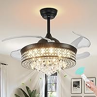 Finktonglan 42'' LED Ceiling Fan with Light and Remote, Fandelier 3 Color Changes, Ceiling Fan with Chandelier Light Retractable Blade Chandelier Fan with Lights 6 Speed for Bedroom