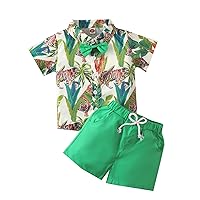 2 Pcs Little Boys Summer Beach Wear Sets Cute Leaf Printed Button-Down Shirt + Drawstring Shorts Outfits (6M-4T)